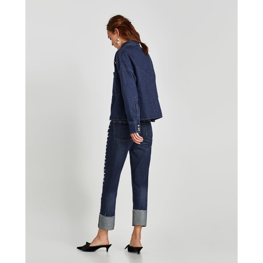 New Zara Pearl Side Strip Dark Blue Jeans 36 - Picture 5 of 8